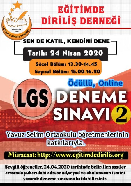 24.04.2020 TARİHİNDE 8. SINIFLAR İÇİN ÖDÜLLÜ DENEME SINAVI YAPIYORUZ.